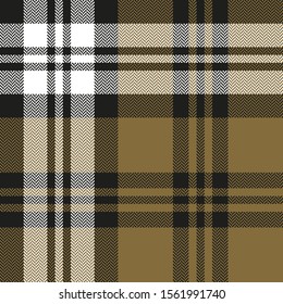 Plaid pattern seamless vector texture. Herringbone woven tartan check plaid background in nearly black, gold, and white for blanket, scarf, duvet cover, or other autumn or winter textile design.
