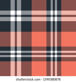Plaid pattern seamless vector texture. Herringbone tartan check plaid background in dark brown, bright coral, white for flannel shirt, blanket, duvet cover, or other autumn winter textile design.