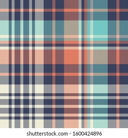 Plaid pattern seamless vector texture. Herringbone tartan check plaid in blue, orange, turquoise, off white for blanket, throw, duvet cover, or other modern winter, spring, autumn textile design.