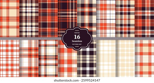 Plaid pattern seamless. Warm Tangerine and Bright Vermillion Tartan Textile Design. Set of 16