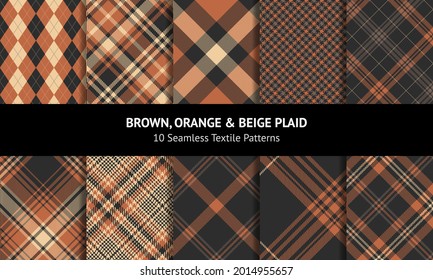 Plaid pattern set for autumn in brown, orange, beige. Seamless dark tartan check plaid vector background graphics for flannel shirt, skirt, blanket, duvet cover, other modern fashion textile design.