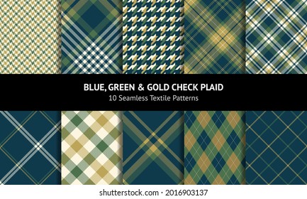 Plaid pattern set for autumn winter in blue, green, gold, off white. Seamless dark tartan check plaid backgrounds for flannel shirt, skirt, blanket, duvet cover, other modern fashion textile print.