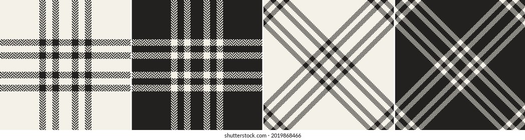 Plaid Pattern Set In Black And White. Herringbone Textured Classic Line Grid Tartan Check Vector For Flannel Shirt, Skirt, Jacket, Other Modern Spring Summer Autumn Winter Fashion Textile Print.