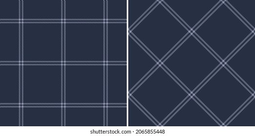 Plaid pattern set in blue with double lines. Simple thin dark tartan vector illustration for flannel shirt, skirt, jacket, coat, dress, trousers, scarf, skirt, other modern fashion fabric print.