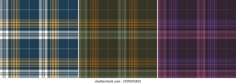 Plaid pattern set in blue, gold, brown, olive green, purple, pink. Seamless dark tartan check vector for spring autumn winter menswear flannel shirt design or other modern fashion textile print.