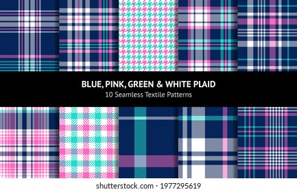 Plaid Pattern Set In Bright Blue, Pink, Green, White. Seamless Tartan Check Vector Graphics For Flannel Shirt, Skirt, Scarf, Blanket, Other Modern Spring Summer Fashion Textile Print. Textured Design.