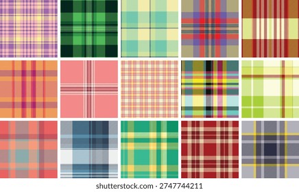 Plaid pattern set for casual British-style fashion. Seamless tartan vectors suit lumberjack shirts, scarves, jackets, blankets, and digital papers.