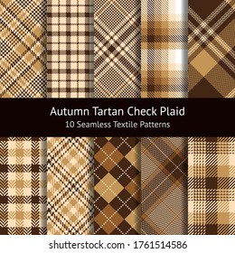 Plaid pattern set. Gingham, argyle, tartan, and tweed check plaid in brown and gold for jacket, coat, skirt, trousers, bag, tablecloth, or other modern autumn textile design.