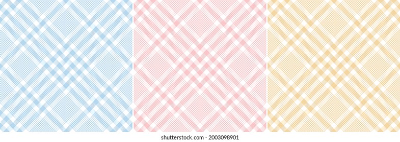 Plaid pattern set. Glen tartan in pastel blue, pink, yellow, white. Seamless tweed checks for tablecloth, picnic blanket, oilcloth, skirt, dress, duvet cover, other spring summer fashion fabric print.