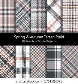 Plaid pattern set. Grey, coral, white seamless check plaid. Hounds tooth, tweed, glen, herringbone tartan, buffalo check patterns for dress, skirt, jacket, or other spring autumn textile.