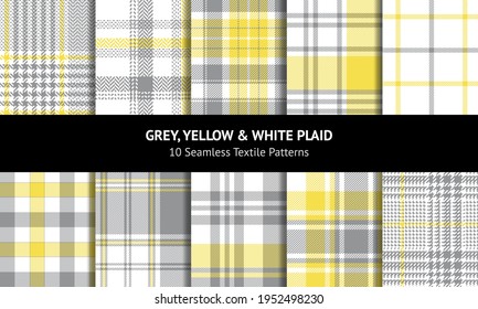 Plaid pattern set in grey, yellow, white. Seamless spring summer tartan. Glen, tweed, gingham, vichy, buffalo check, herringbone flannel check for textile print. Ultimate grey and illuminating yellow.