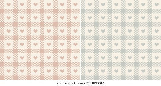 Plaid pattern set with hearts for Valentines Day in grey, pink, beige. Seamless herringbone tartan vector for scarf, bag, purse, other modern spring summer autumn winter fashion textile design.