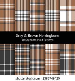 Plaid pattern set. Herringbone check plaid seamless patterns in brown, grey, and white for scarf, poncho, flannel shirt, blanket, or other modern fashion textile design. Swatches included.