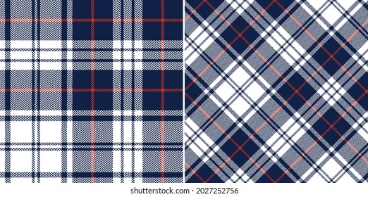 Plaid pattern set in navy blue, red, white. Seamless herringbone textured dark large tartan check graphic for scarf, flannel shirt, blanket, duvet cover, other spring autumn winter textile print.