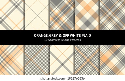 Plaid Pattern Set In Orange, Grey, Beige For Spring Summer. Seamless Tartan Check Vector For Flannel Shirt, Blanket, Duvet Cover, Dress, Coat, Jacket, Other Modern Womenswear Fashion Fabric Design.