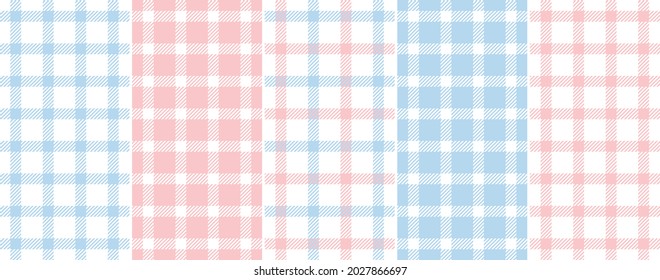 Plaid pattern set in pastel blue, pink, white for spring summer. Seamless windowpane tartan check graphic for handkerchief, scarf, jacket, coat, blanket, other modern fashion textile print.