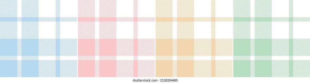 Plaid pattern set in pastel blue, pink, green, yellow, white for spring summer. Seamless simple classic light tartan check vector for Easter tablecloth, oilcloth, picnic blanket, other modern print.