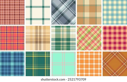 Plaid pattern set with rustic charm, ideal for textile materials, wallpaper, or shirt designs with a British-inspired aesthetic.