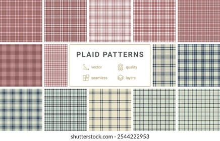 Plaid pattern set with rustic charm, ideal for textile materials, wallpaper, or shirt designs with a British-inspired aesthetic.