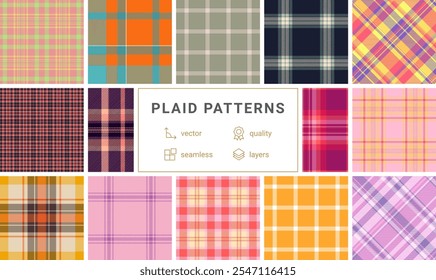 Plaid pattern set with rustic charm, ideal for textile materials, wallpaper, or shirt designs with a British-inspired aesthetic.
