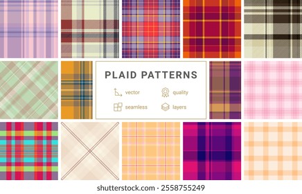 Plaid pattern set with rustic charm, ideal for textile materials, wallpaper, or shirt designs with a British-inspired aesthetic.