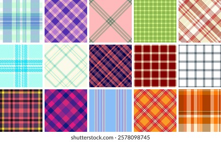 Plaid pattern set with rustic charm, ideal for textile materials, wallpaper, or shirt designs with a British-inspired aesthetic.