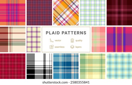 Plaid pattern set with rustic charm, ideal for textile materials, wallpaper, or shirt designs with a British-inspired aesthetic.