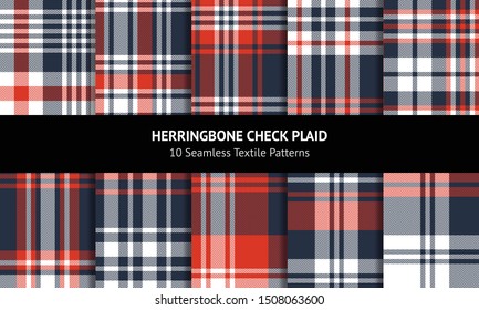 Plaid pattern set. Seamless blue red white tartan check plaid vector backgrounds for winter flannel shirt, blanket, poncho, throw, or other modern textile design. Herringbone woven pixel texture.
