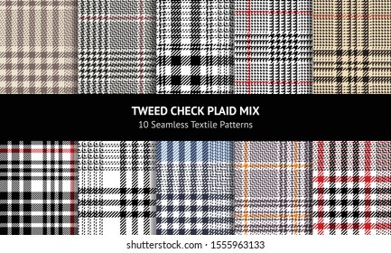 Plaid pattern set. Seamless glen tartan check plaid in gold, grey, black, blue, red, brown, beige for modern autumn, winter, spring, and summer tweed fashion textile print.