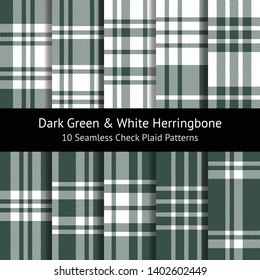 Plaid pattern set. Seamless herringbone tartan check plaid in dark green and white for scarf, poncho, flannel shirt, blanket, or other modern fashion textile design.