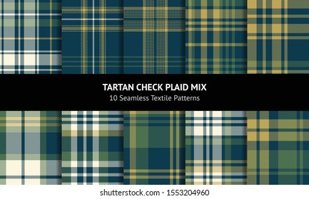 Plaid pattern set. Seamless herringbone check plaid backgrounds in dark blue, green, gold, and off white for flannel shirt, blanket, throw, upholstery, duvet cover, or other winter textile design.