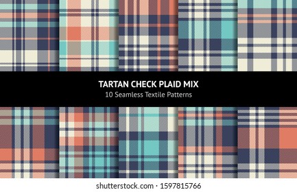 Plaid pattern set. Seamless multicolored check plaid graphics in blue, turquoise, orange, and off white for flannel shirt, blanket, throw, duvet cover, or other modern spring and summer fabric design.