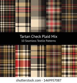 Plaid pattern set. Seamless tartan check plaid in gold, dark grey, and red for dress, skirt, poncho, or other modern textile design. Herringbone, hounds tooth, and woven pixel texture.