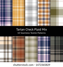 Plaid pattern set. Seamless tartan check plaid in purple, yellow, grey, white, blue, green, and brown for poncho, flannel shirt, jacket, coat, skirt, or other modern textile design. Swatches included.