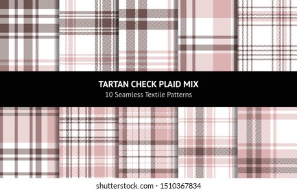 Plaid pattern set. Seamless tartan check plaid in brown, light pink, and white for spring or summer flannel shirt, poncho, blanket, or other modern textile design.