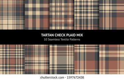 Plaid pattern set. Seamless tartan check plaid backgrounds in brown and beige for scarf, blanket, throw, duvet cover, or other modern autumn and winter fashion textile print.