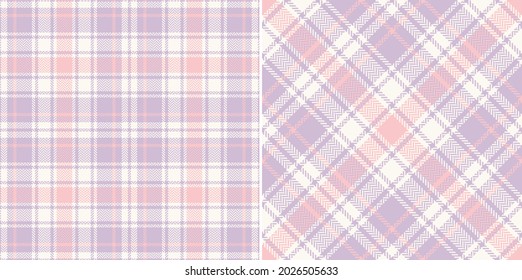 Plaid pattern set for spring summer in lilac, pink, white. Seamless herringbone textured pastel light tartan check graphics for flannel shirt, skirt, blanket, other modern fashion textile print.