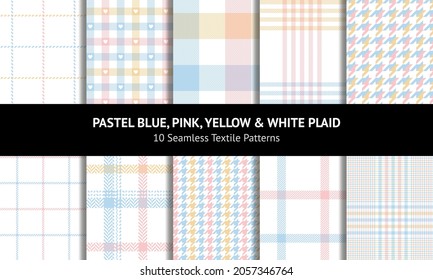 Plaid pattern set for summer in pastel colorful blue, pink, yellow, white. Seamless tartan vector background for flannel shirt, scarf, skirt, dress, other modern Easter holiday fashion fabric design.