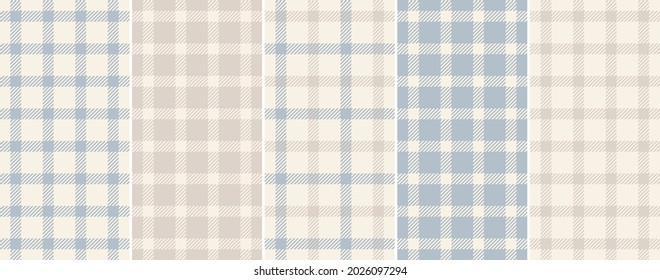 Plaid pattern set tattersall in light blue and beige for spring summer autumn winter. Seamless textured tartan check vector for handkerchief, scarf, jacket, coat, other modern fashion fabric design.