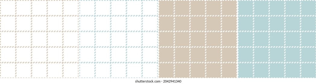 Plaid pattern set windowpane in blue, beige brown, white. Stitched tattersall tartan check vector for spring summer autumn winter dress, towel, jacket, skirt, other modern fashion textile print.