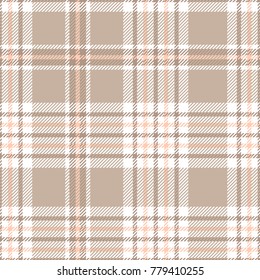 Plaid pattern in shades of taupe brown, pale red and white. Seamless fabric texture.