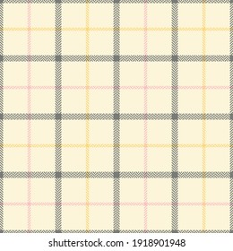 Plaid pattern spring windowpane in grey, pink, yellow. Seamless herringbone textured multicolored tartan check background art for flannel shirt, skirt, other trendy everyday fashion textile print.