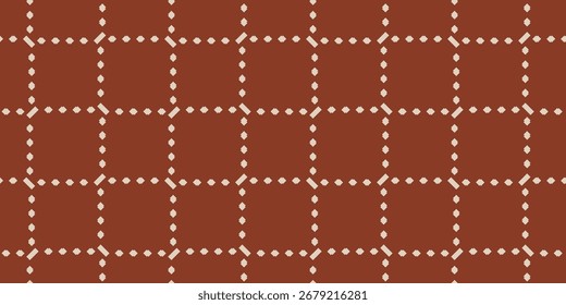 Plaid pattern. Square grid seamless background. Vector abstract geometric texture with crossing dash lines, mesh, grill, lattice. Rust color repeated ornament, simple design for decor, textile, cover
