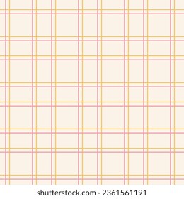 Plaid pattern. Square grid vector seamless texture. Abstract linear geometric background with thin pink and yellow crossing lines on beige backdrop. Mesh, lattice, grill, net. Simple repeated design