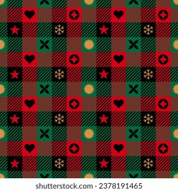 Plaid pattern with symbolic elements design for Christmas and new year holidays.