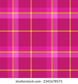 Plaid Pattern Tartan Seamless Background In Purple Yellow. Checkered fabric texture for flannel shirt, skirt, blanket, throw.
