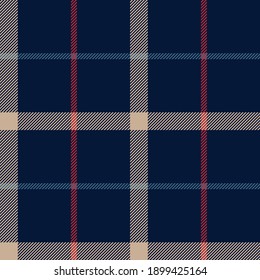Plaid pattern tattersall in blue, red, beige. Seamless tartan check plaid vector graphic for flannel shirt, blanket, duvet cover, or other modern autumn winter fashion textile print.