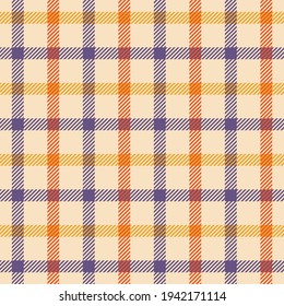 Plaid pattern tattersall in purple, orange, yellow, beige. Seamless windowpane multicolored tartan check plaid graphic for dress, skirt, handkerchief, other modern spring summer autumn textile print.