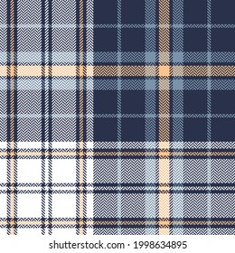 Plaid pattern texture in blue, soft yellow, white. Seamless herringbone large tartan check background for flannel shirt, blanket, duvet cover, other modern spring summer autumn winter textile print.