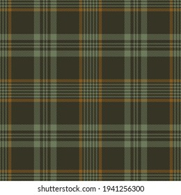 Plaid pattern texture in olive green and brown for menswear flannel shirt design. Seamless tartan check plaid graphic vector background for modern autumn winter everyday fashion textile print.